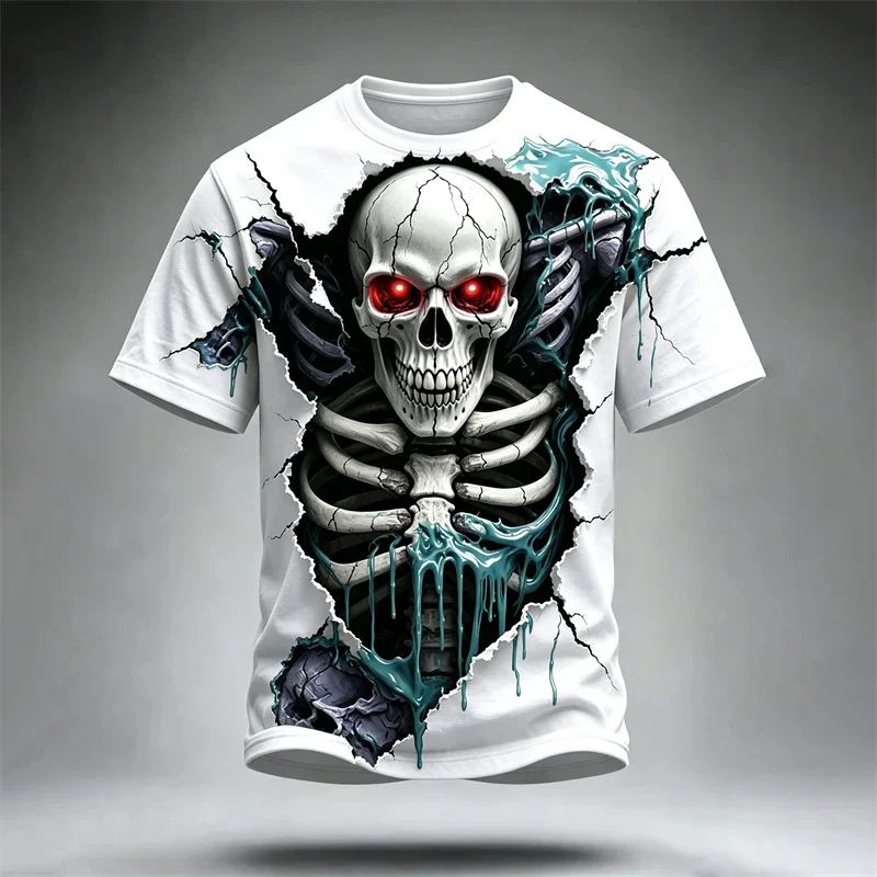 New Halloween 3D Demon Skull Print T-shirt Horror Skeleton Graphic Short Sleeve Trend Street Hip-hop Men's Clothing Tops