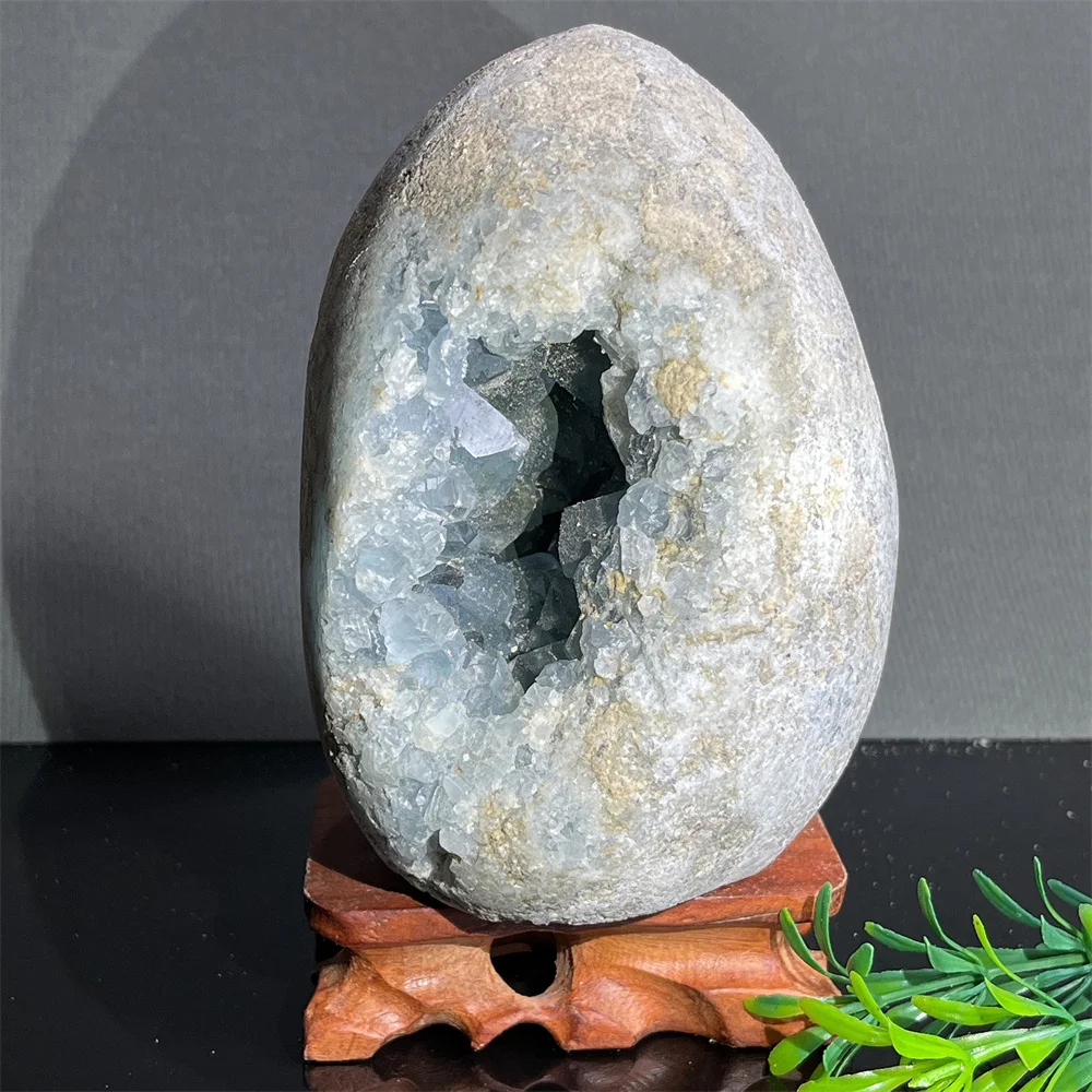 Crystal Natural Celestite Egg Specimen Stone Quartz Cluster Raw Free Form Reiki Mineral Specimen Reik Home Decoration +Stand