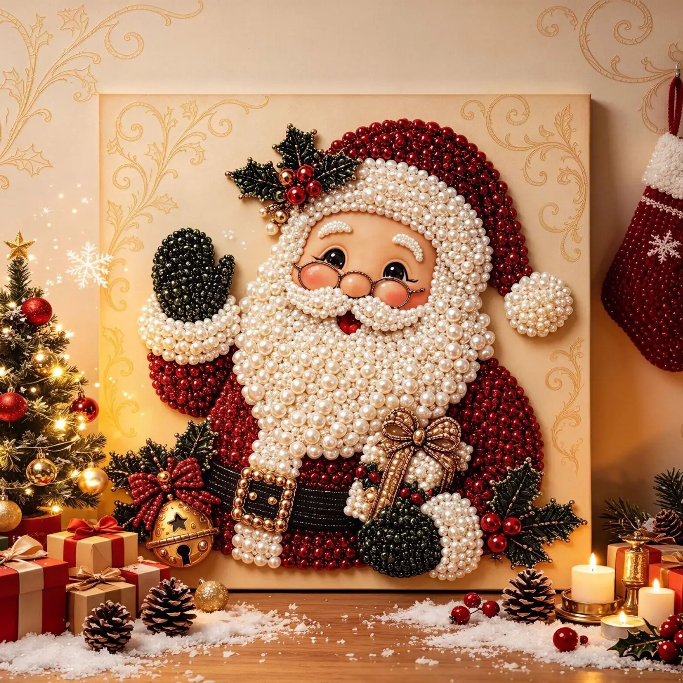 Christmas Pearl Painting with Adhesive Canvas 3D DIY Santa Claus Tree Handmade Craft Set Diamond Art Home Decor Adults Gifts
