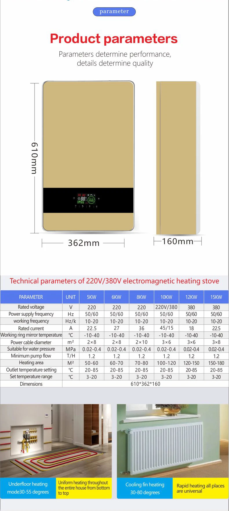 

Wall Mounted Induction Heating Boiler 8-18KW, Touch Control Fast Heating Low Pressure Hot Water Heater, Home Heating for 20-85㎡