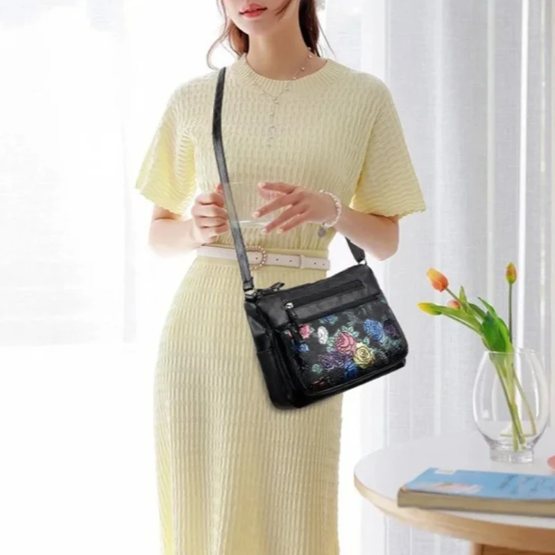 

Stylish Multicolor Rose Embossed Crossbody Bag, Soft Black Leather Shoulder Purse with Multiple Zipper Compartments for Women