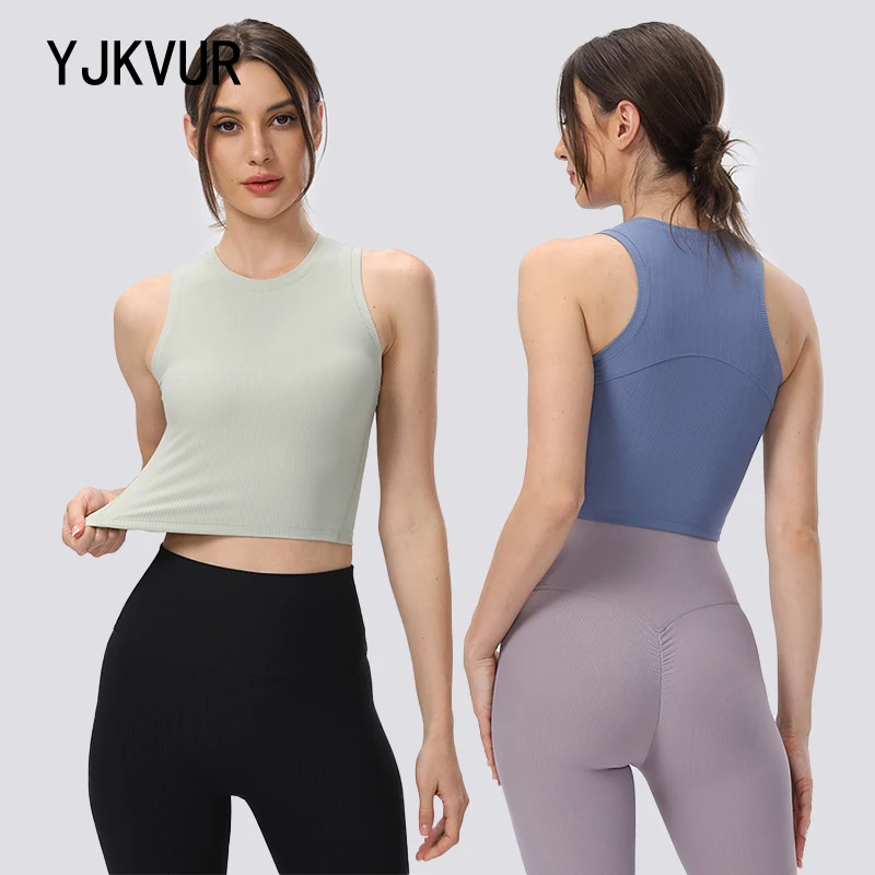 YJKVUR Tight Women's Yoga Wear Sports Vest High Neck Ribbed Running Workout Fitness Gym Clothes Sleeveless Crop Tops Sports Bra