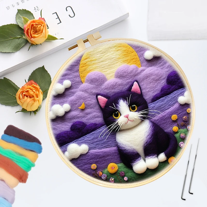 CHENISTORY Purple Cat Design DIY Needle Felting Painting Kit with Frame Wool Needle Felt Set for Home Decoration Creative Craft