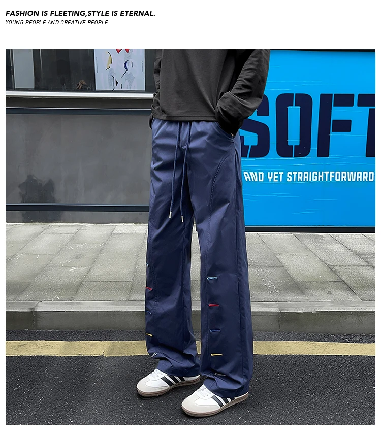 Bunte Herrenhose mit Ziernähten, weitem Bein, elastischem Bund, Kordelzug, lockerer, gerader Schnitt, lässige Streetwear-Sport-Hose – Detail 23