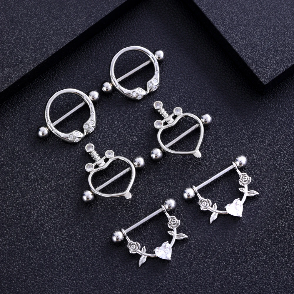2pcs Lettering Heart Dangled Nipple Piercings Shield Barbell for Women Nipple Rings 14G Stainless Steel U-shaped Nipple Cover