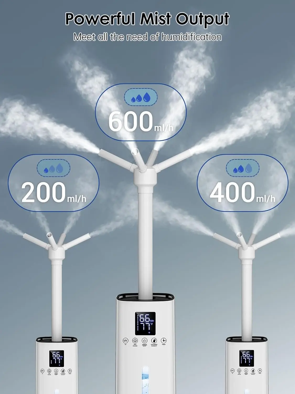 Humidifier Large Room, 600ml/h Misting, 72H Runtime, Top Fill, Humidifiers for Home, Easy to Move