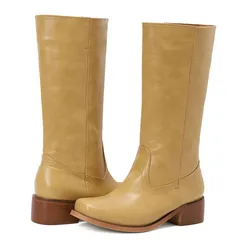 New Retro Concise Square Toe Campus Western Chelsea Boots European American Black Brown 5cm Low Heel Women Mid-calf Boots 34-48