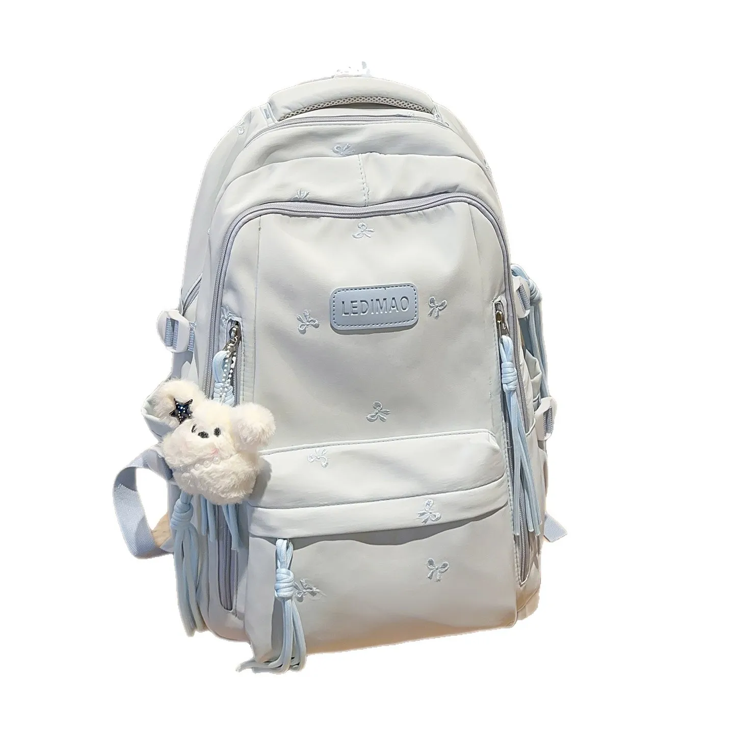 Women Cute Floral Embroidery Backpack Light Blue Casual School Bag With Plush Dog Pendant For Students