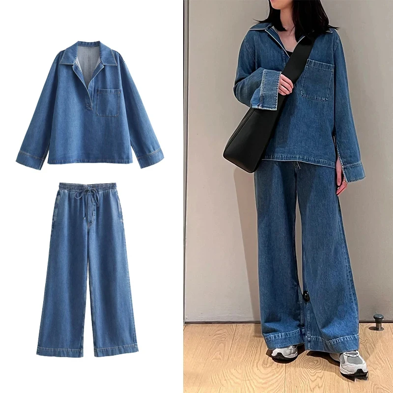 Vintage Casual Denim Chic Women Loungewear Suit V Neck Long Sleeve Tops+Elastic Straight Pants Sleepwear Set Fashion Street Wear