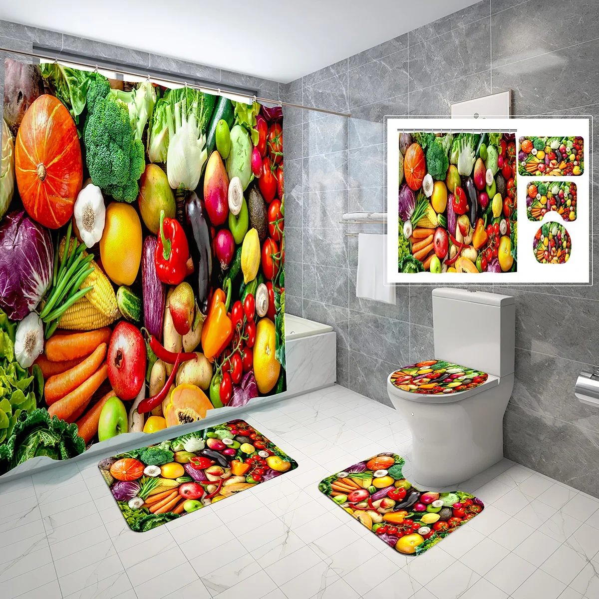 

Набор для ванной комнаты в сельскохозяйственном стиле: шторка для душа с рисунком овощей, 4 предмета, нескользящий коврик для ванной, крышка для унитаза, комплект шторок для туалета