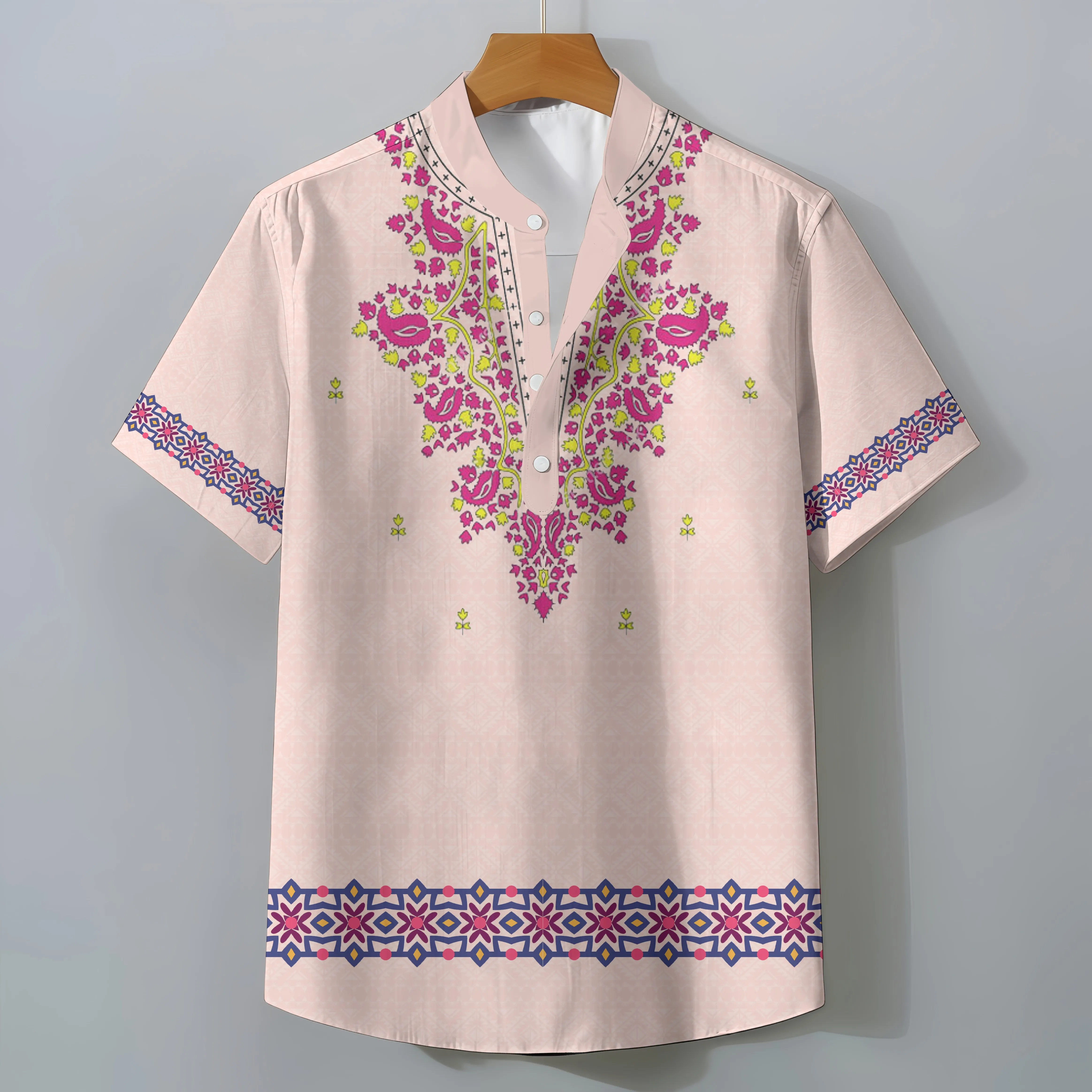 Exotic Ethnic Print Oversized Men's Retro Short Sleeve Shirt Casual Loose Summer Top Comfortable Fashionable Clothing Tee
