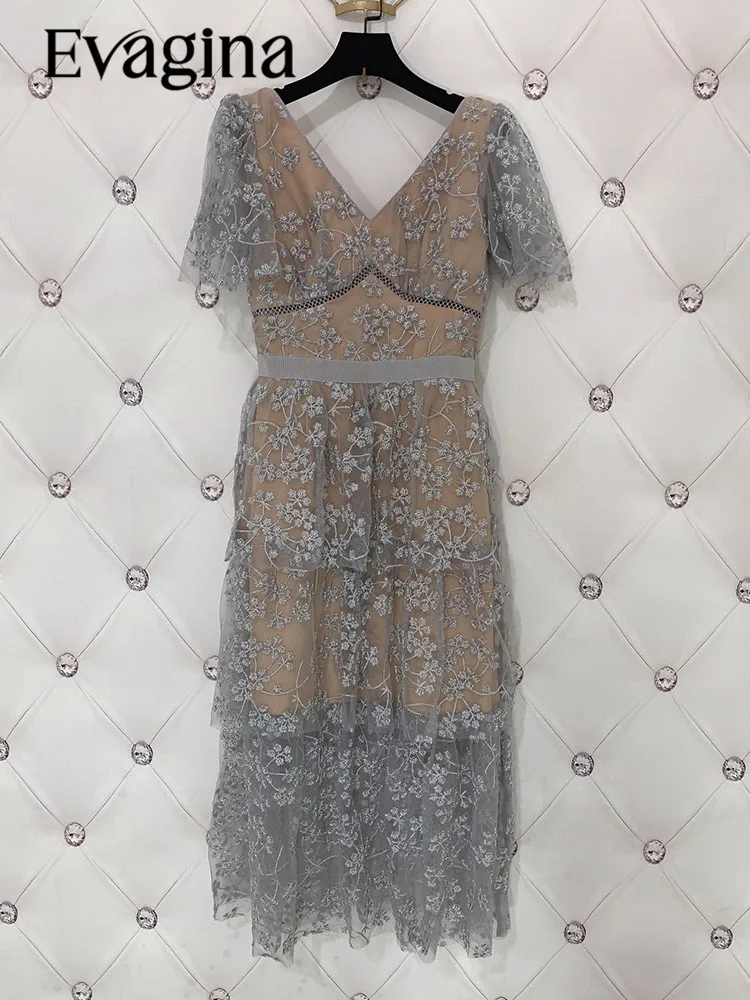 

Evagina Spring-Summer Polyester Sexy Mesh Embroidered Flowers Layered Slim V-Collar High-Waisted Grey Dress