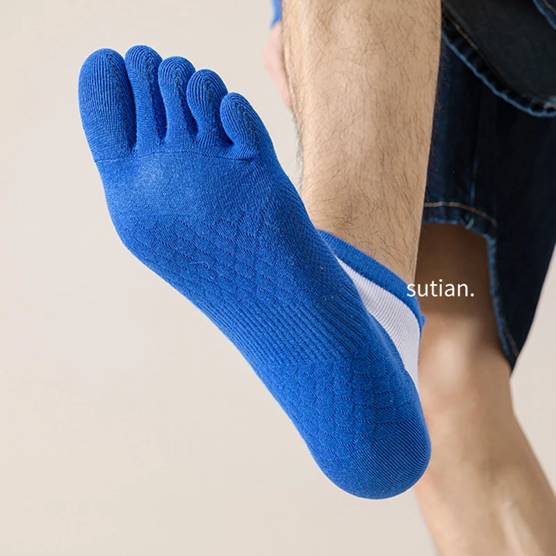 Calcetines tobilleros deportivos de algodón para hombre, medias invisibles para dedos de los pies, masaje, amortiguación, rayas, bicicleta, correr, viajes al aire libre, Fitness, 5 pares