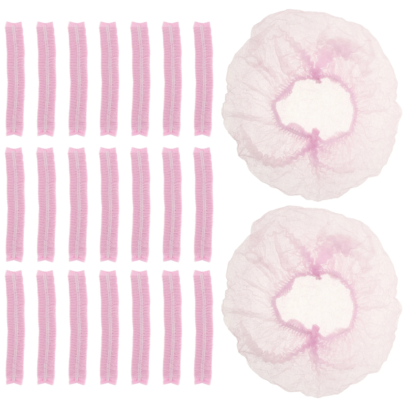 

100pcs Disposable Shower Caps Hair Nets Non-woven Head Covers Pink 19 Inch Double Strips Mesh Design For Salon Spa Kitchen