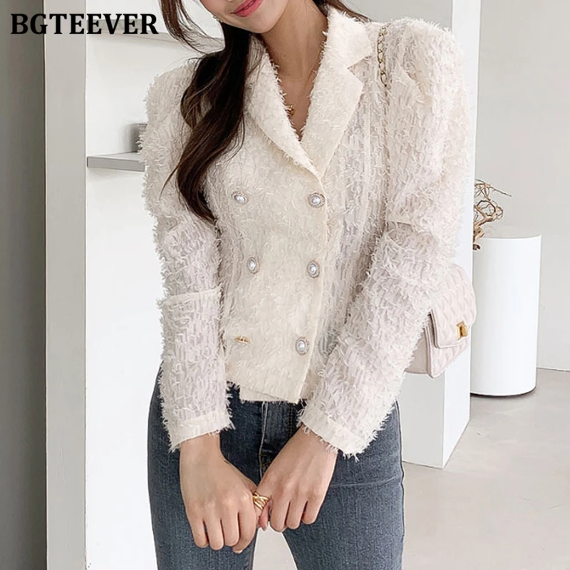 

BGTEEVER, осенние модные двубортные женские блузки с тонкой талией, топы, элегантные женские однотонные рубашки с зубчатым воротником и длинными рукавами