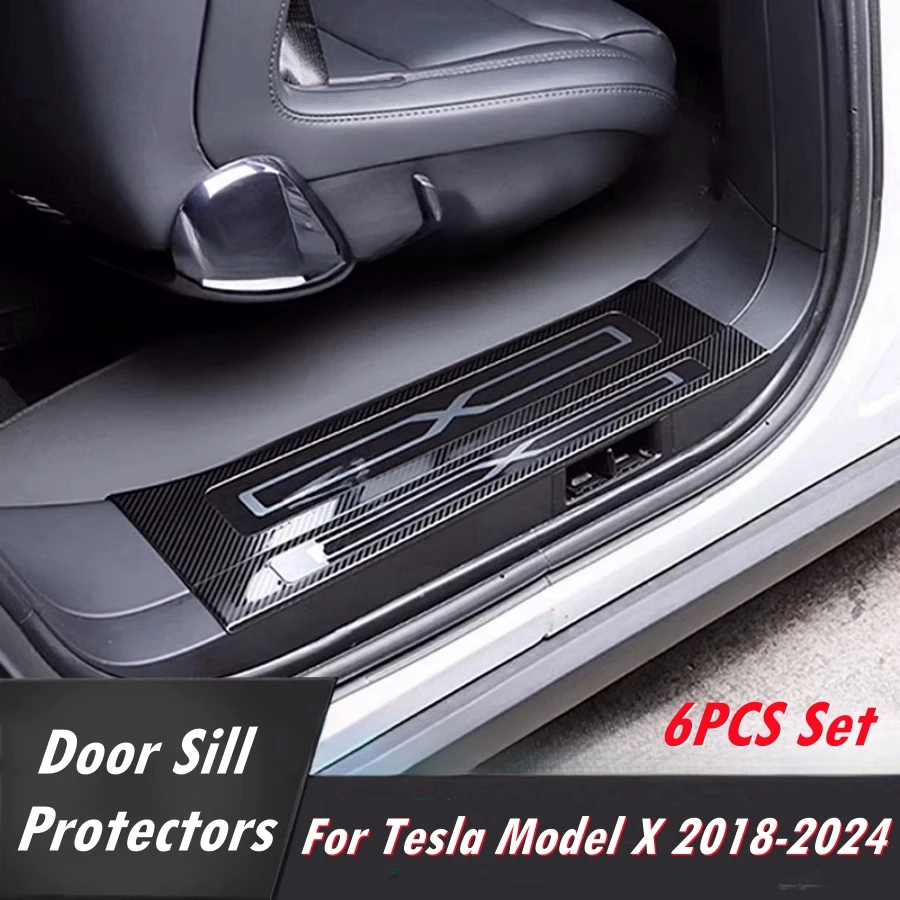 Tesla Model X 2018-2024 스테인레스 도어 씰 프로텍터 탄소 섬유 패턴 전면 후면 도어 환영 페달 커버, 6PCS 세트