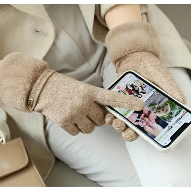 Winter Frauen Warm Halten Plus Samt Touchscreen Verdicken Plüsch Handgelenk Wildleder Handschuhe Mode Persönlichkeit Elegante Stick Radfahren