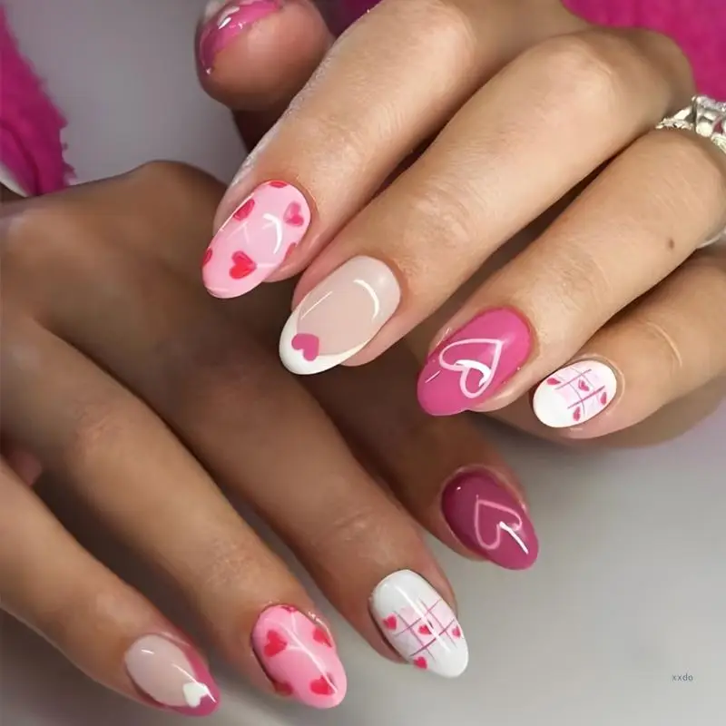 24 Pcs Valentines Day False Nail French Press On Nail Full Cover Stick on Nail Pink Heart Acrylic Nail for Women