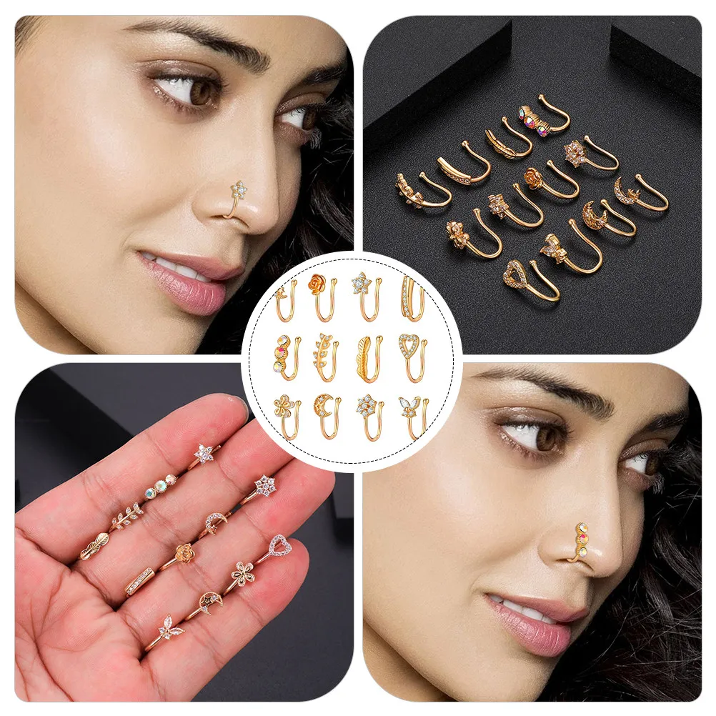 12Pcs Zircon Nose Studs No Piercing Fake Nose Rings for Women Fashionable Elegant Face Makeup Enhancer Comfortable Long Wear