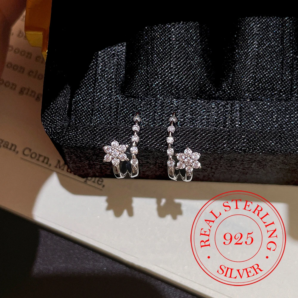 925 Sterling Silver Jewelry Luxury Crystal Delicate Snowflake Flower Drop Earrings for Women Wedding Party Jewelry Friends Gift