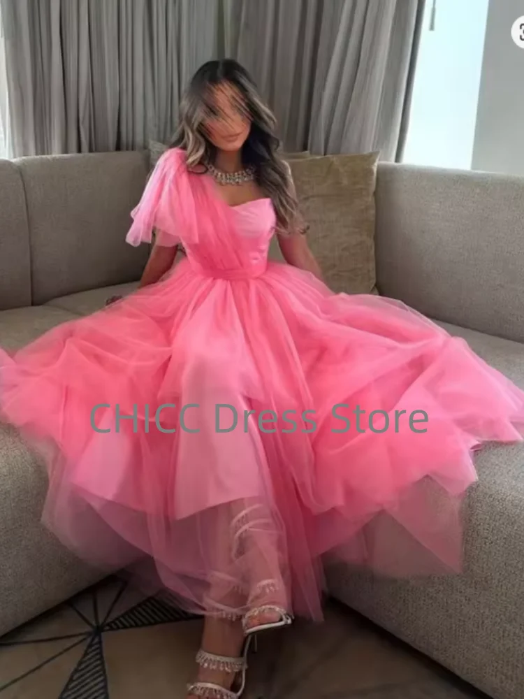 Formele galajurken A-lijn één schouder geplooide roze avondjurk Saoedi-Arabische afstuderen Quinceanera feestjurken op maat