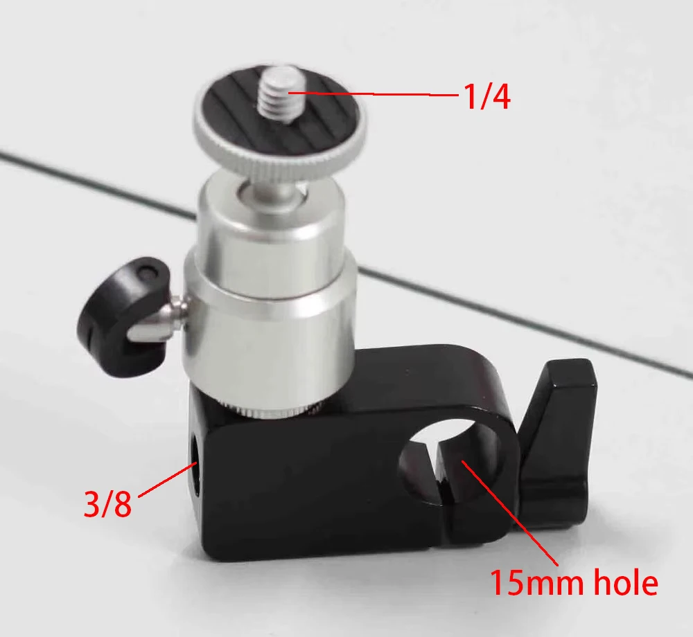 Pince à tige simple de 15mm avec mini rotule pour caméra, système de Rail de Support de Rail, vis filetée 1/4 et 3/8, article 1/4-20 et 3/8-16