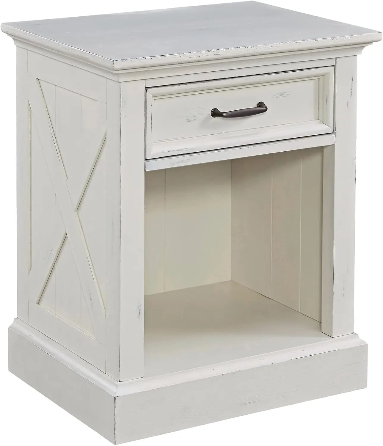 Seaside Lodge Nightstand in White Finish, Wide Frame, Plank Top Design with One Drawer and Open Storage