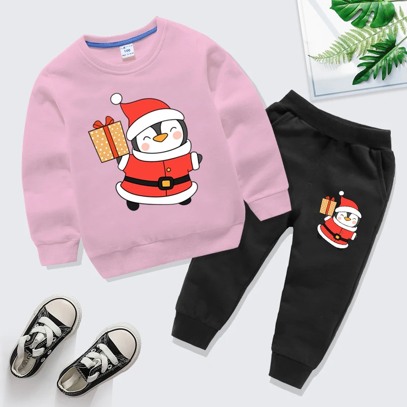 Kids Clothes Cute Christmas Penguin Graphics Pullover+Pants 2pc Set Autumn Children Long Sleeve Outfits Boy Girl Sweatshirt Suit