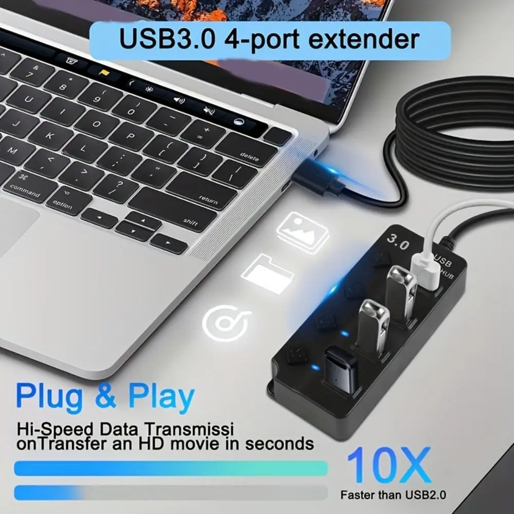 4 Port USB 3.0 Hub With Switch Power Adapter Multiple Expander Hub Long Cable 5Gbps High Speed USB Docking Stations For PC