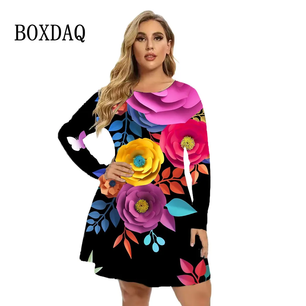 5XL 6XL Plus Size Women Clothing Fashion Long Sleeve Floral Printed Dresses Women For 2023 Autumn Big Sizes Casual Loose Dress