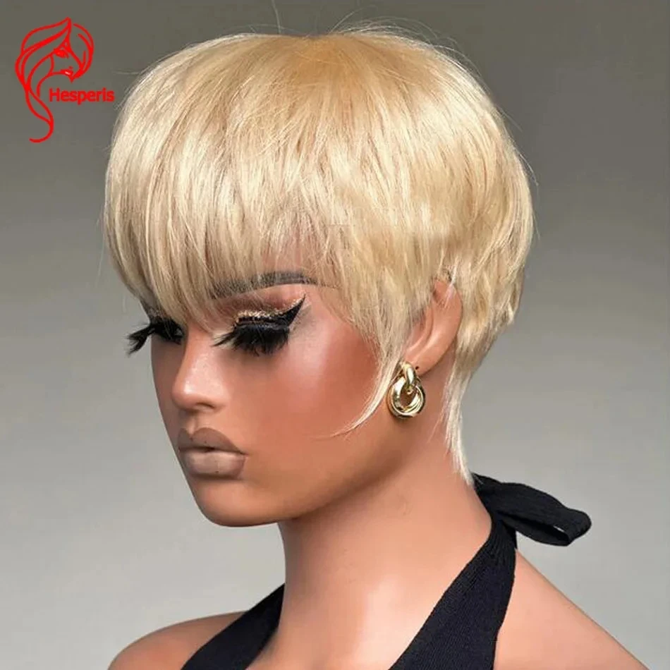 Hesperis 613 Blonde Hair Short Wigs Full Machine Made Human Hair Wig With Bang Short Pixie Cut Wig Layered Cut Wig For Women