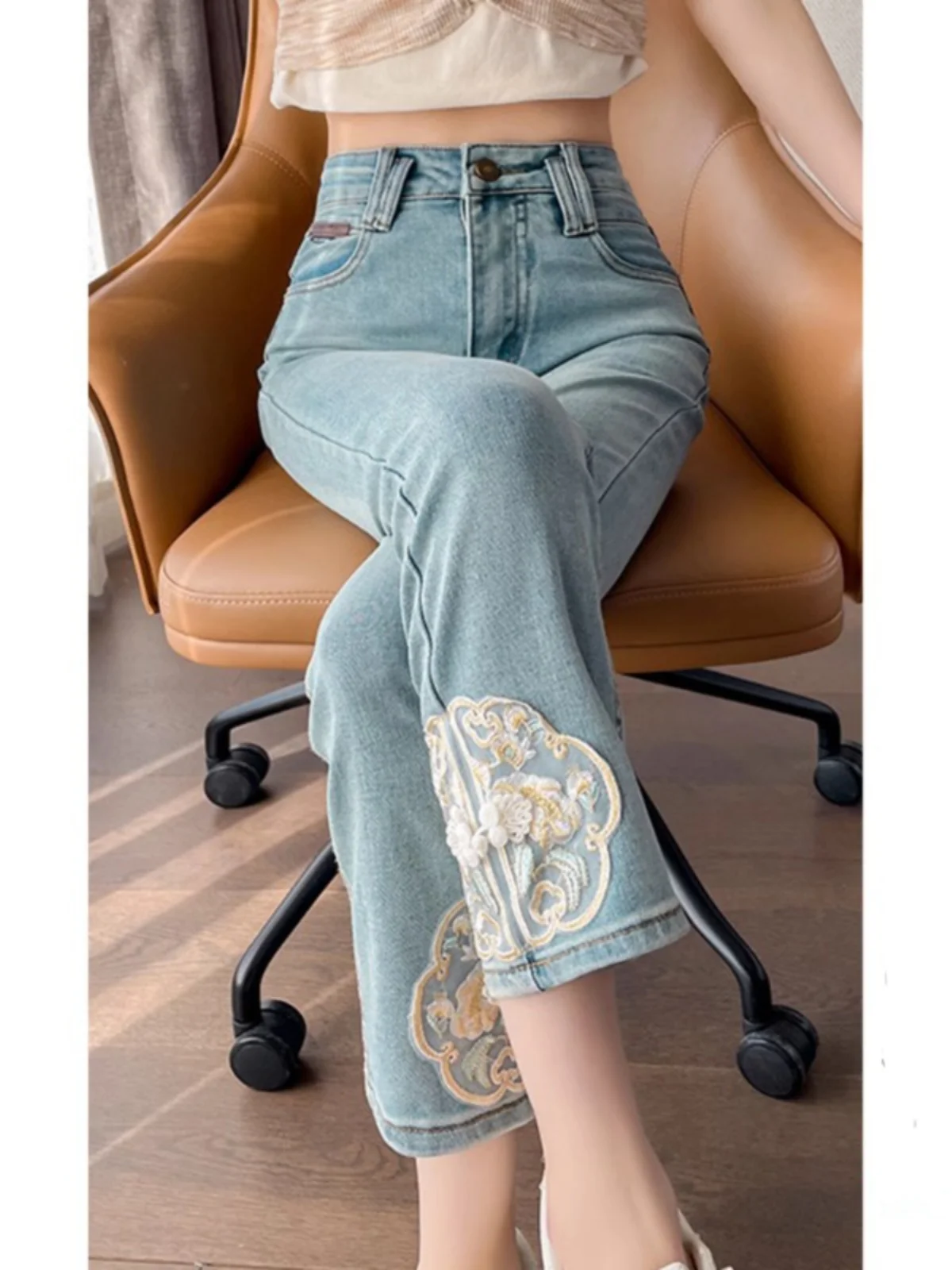 Nieuwe Chinese Sle Geborduurde Denim Jeans Dames Zomer Hoge Taille Slanke Rechte Buis Broek Negen Punt Lange Broek