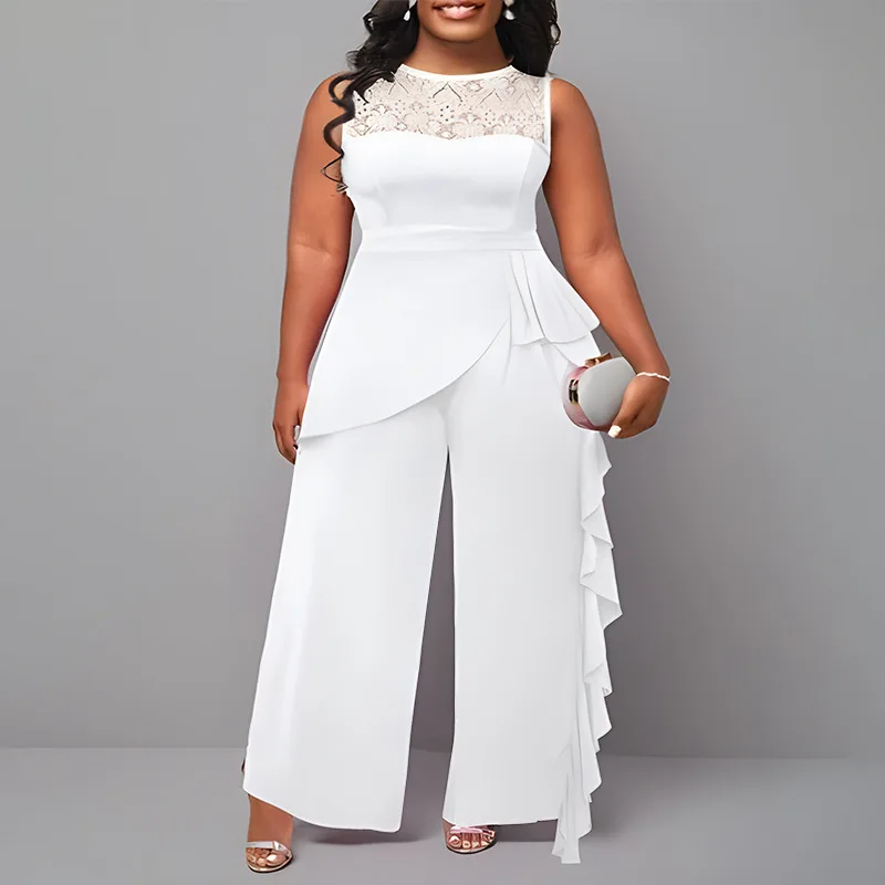 Summer New Women's Sleeveless Lace Patchwork Ruffle Wide Leg Jumpsuit Elegant Slimming Casual Comfort Commute All-match Jumpsuit
