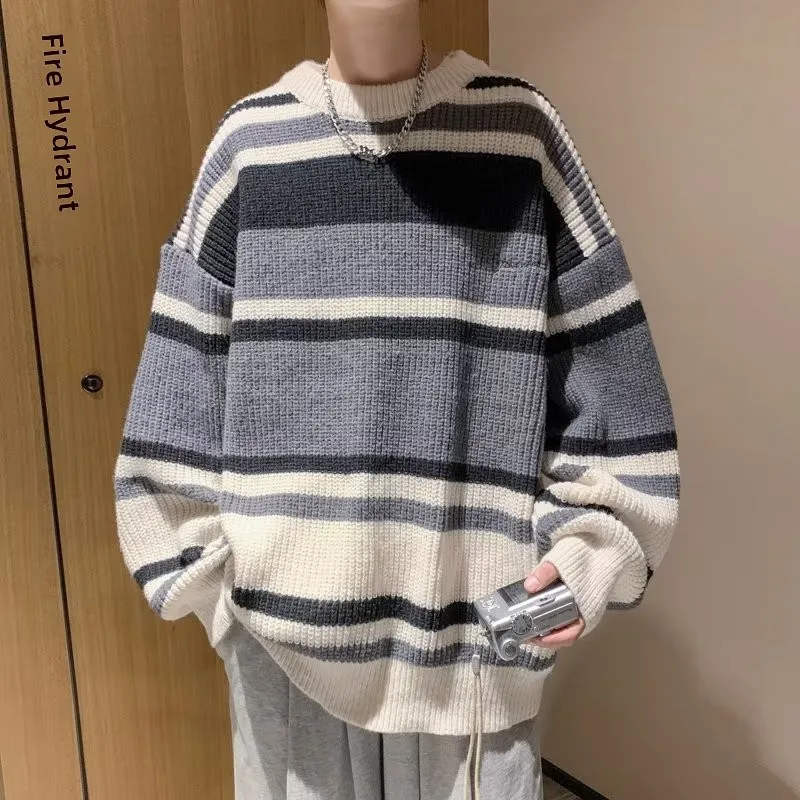 

Осень-зима, большой размер, мужской полосатый трикотаж, модный брендовый свитер с бейсбольным воротником, длинный свеч, свободный крой, верхний свитер