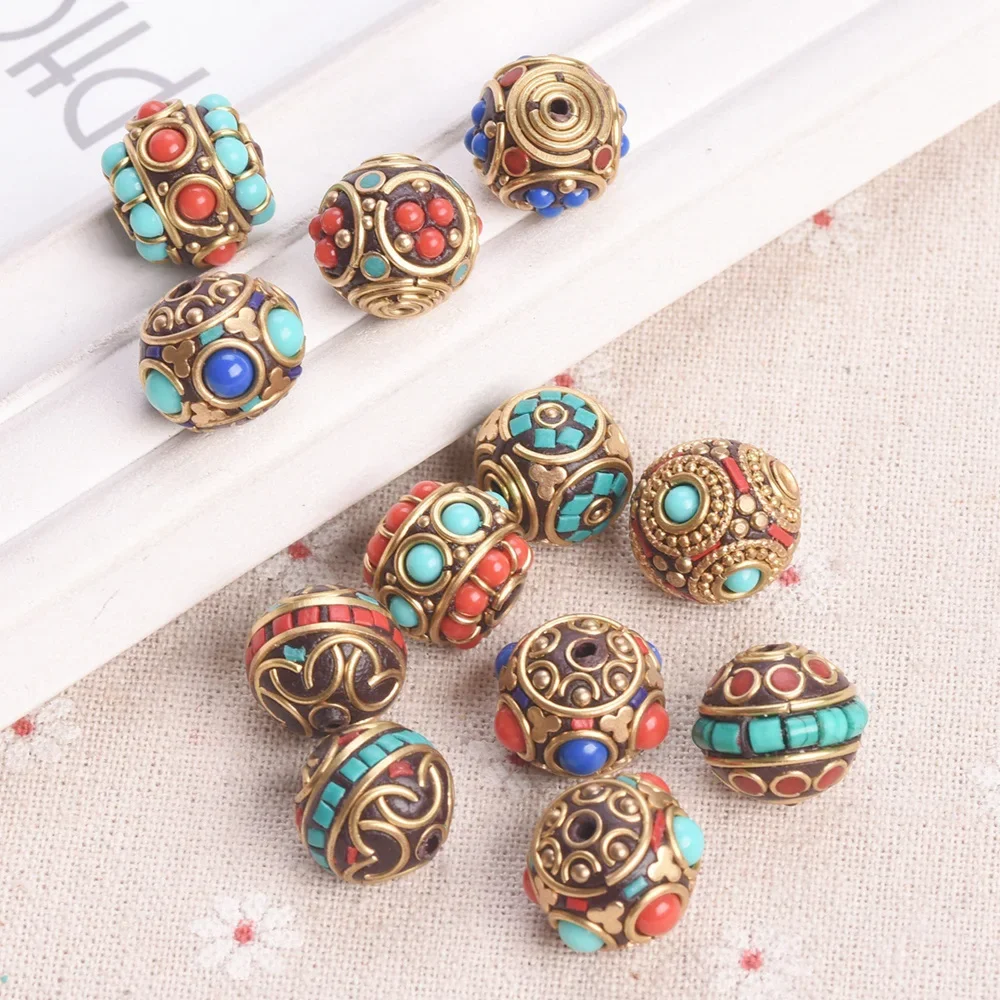 2pcs 15mm-17mm Round Handmade Nepalese Tibetan Buddhist Brass Metal Clay Loose Beads For DIY Jewelry Making Accessories