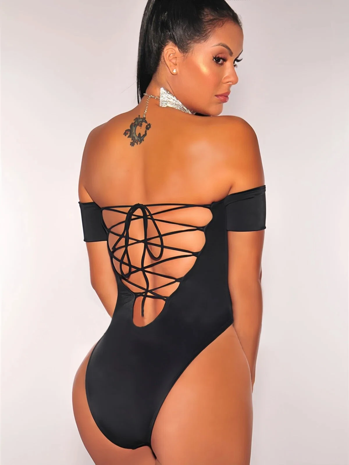 Womens Sexy Off Shoulder Bodysuit Lace Up Backless Sleeveless Bodycon Top Solid Black One Piece Leotard Clubwear