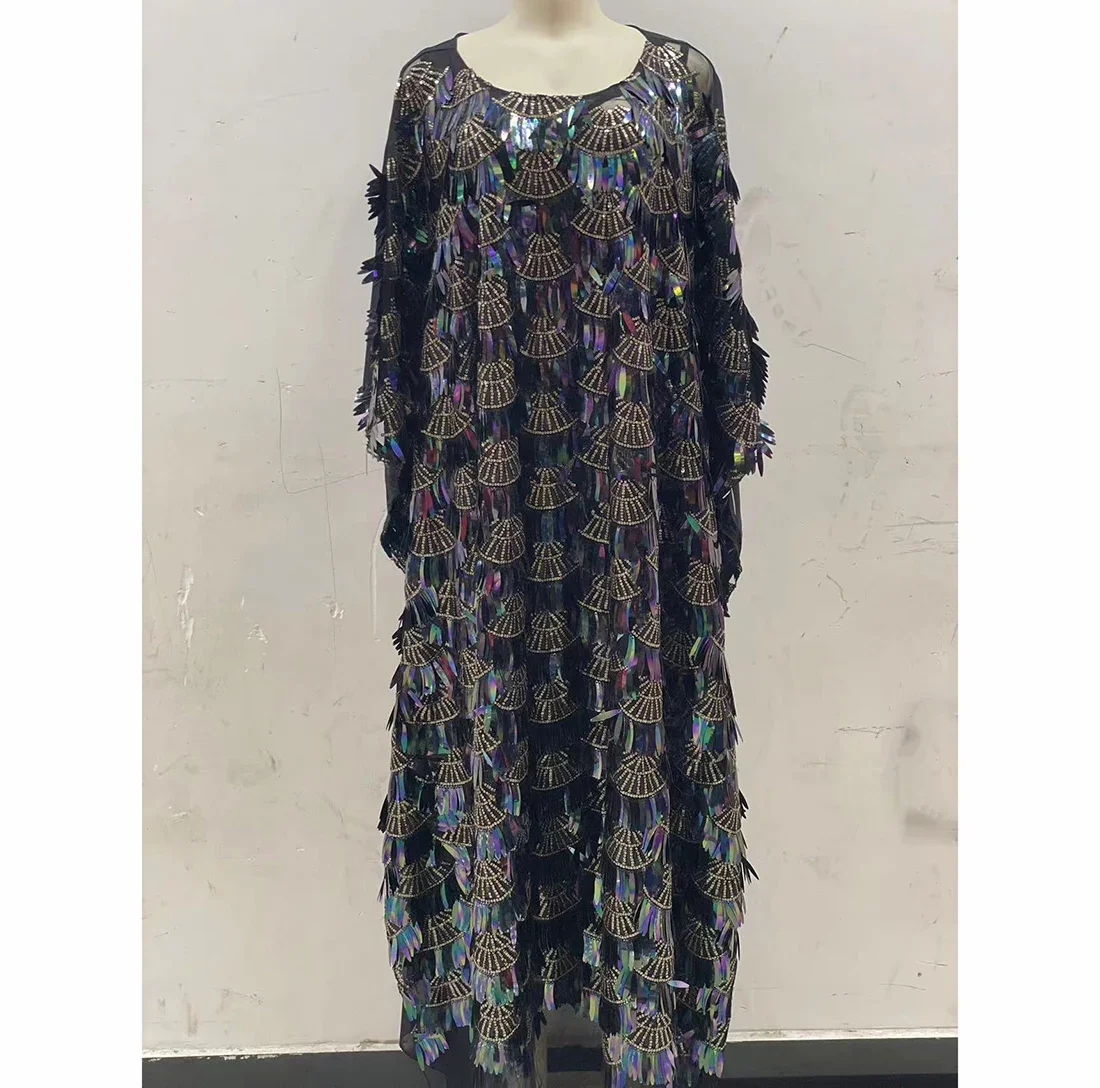 Super Size Bust New Style Africa Women's Dashiki Abaya Chiffon Fabrics With Sequins Beads Embroidery Loose Long Dress Free Size