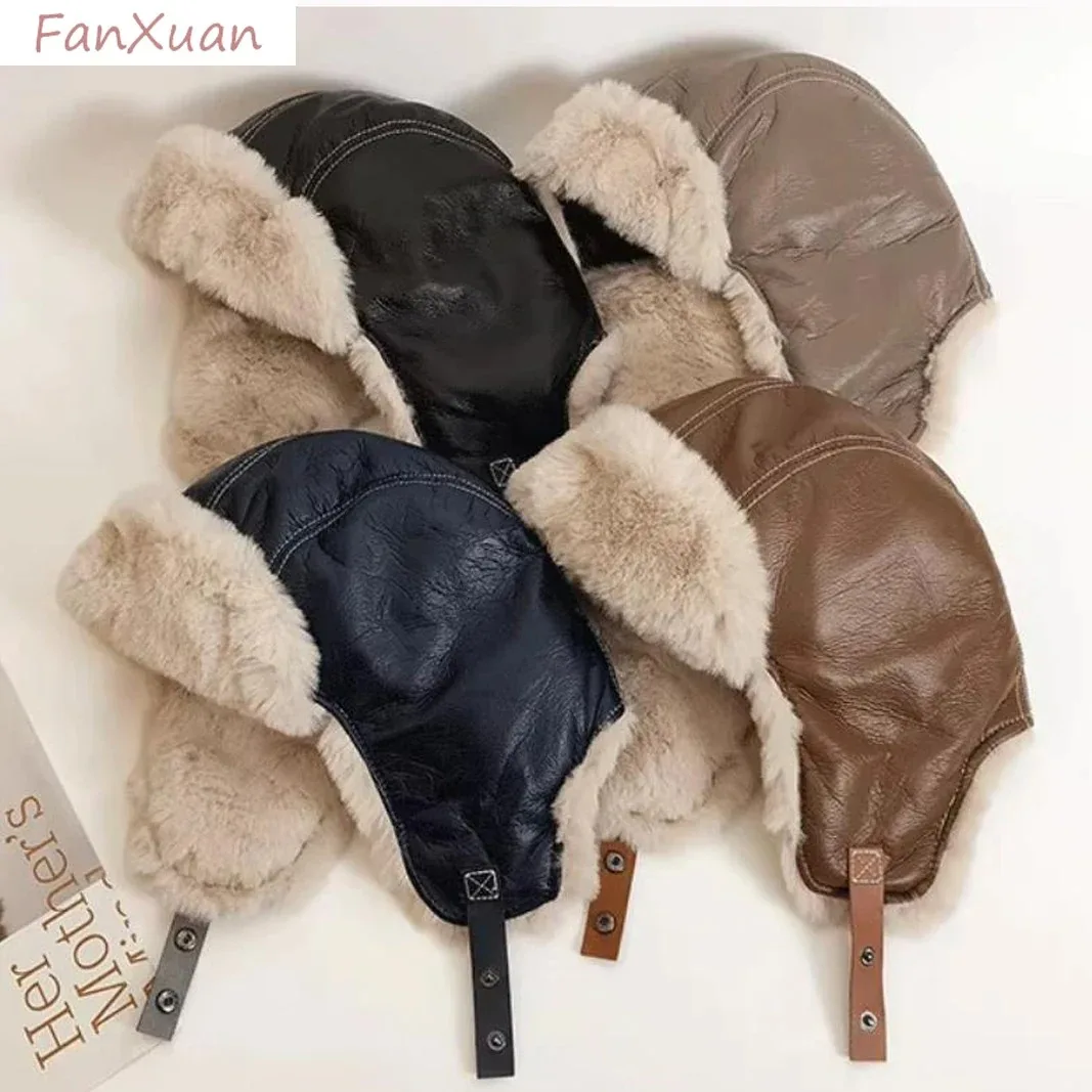 Winter Men Women\'s Pilot Aviator Bomber Trapper Hat Faux Fur Soft Leather Snow Cap with Ear Flaps Windproof Lei Feng Hat