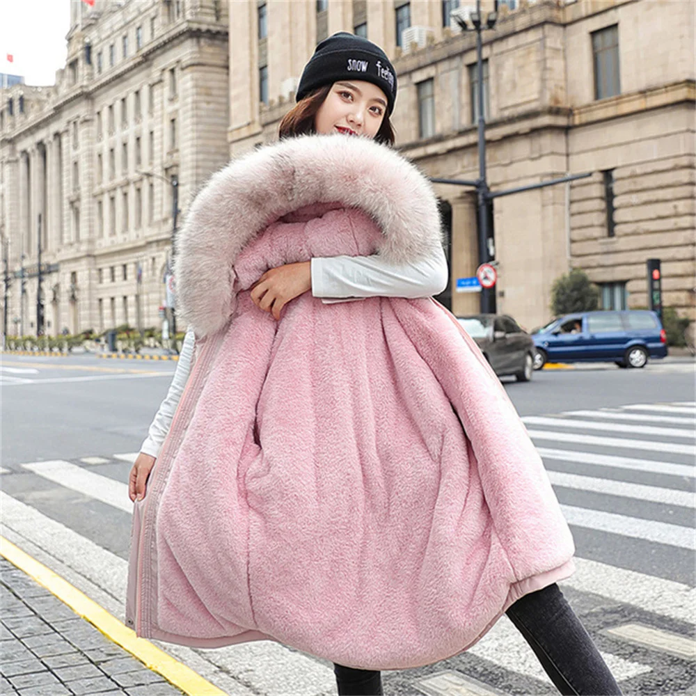 2021 New Winter Oversize Coat Fashion Hooded Parka Women Casual Cotton Jackets Mid-length with Fur Collar Warm Outwear Female