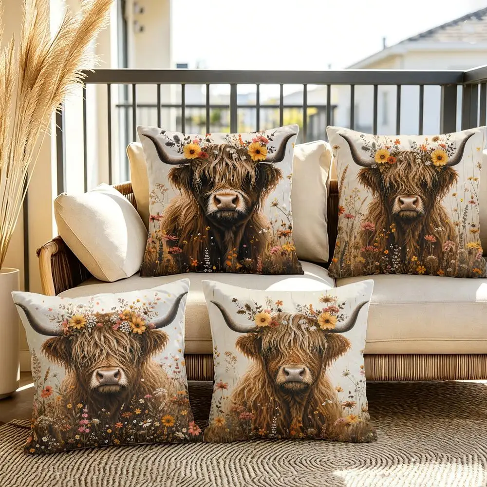 Highland Cow Floral Cushion Cover Soft Short Plush Pillow Cover Smooth Cozy Texture Aesthetic Cushion Case Home Decor