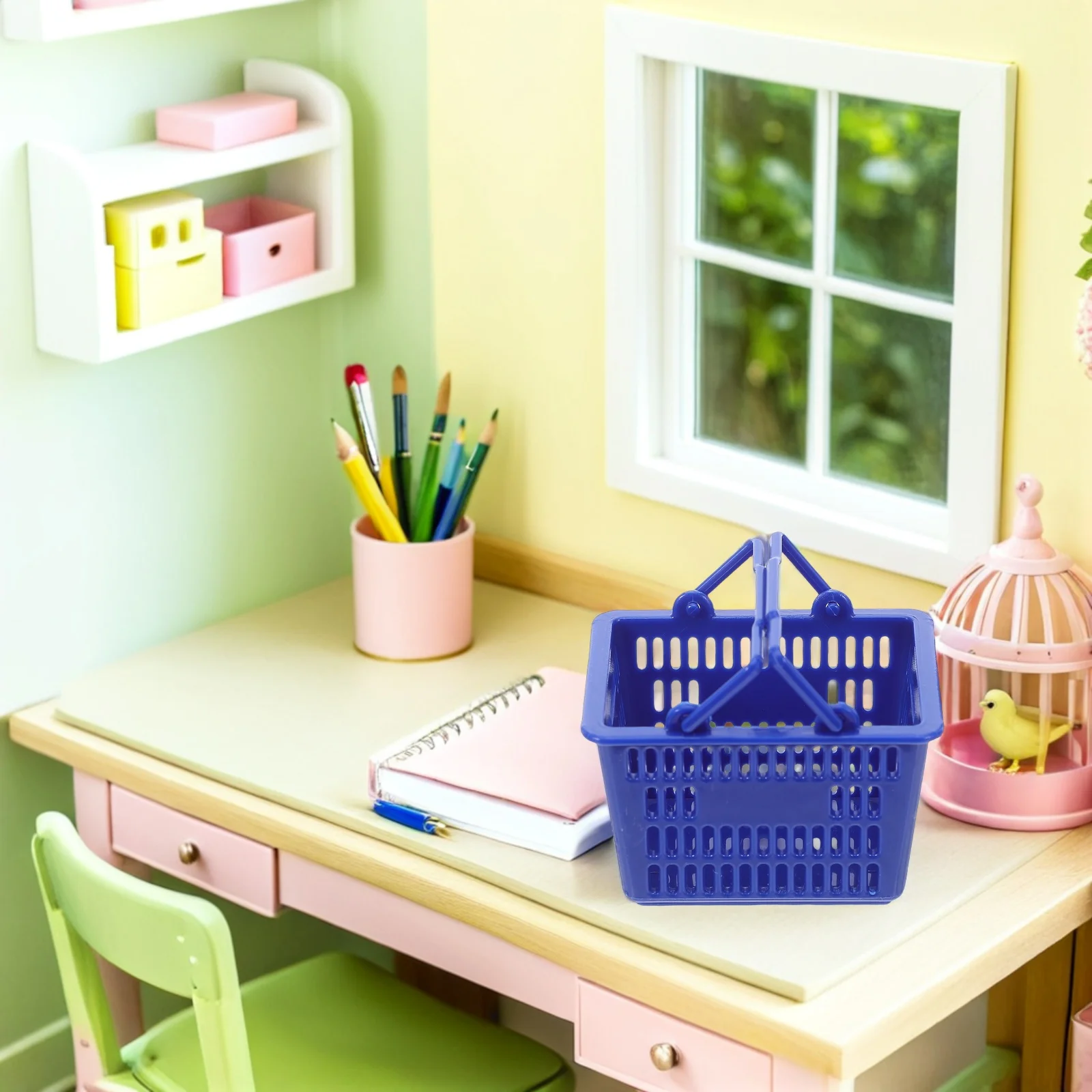20 pçs mini cesta de compras plástico pequeno alça leve fingir jogar bin armazenamento cozinha mini cesta com alça