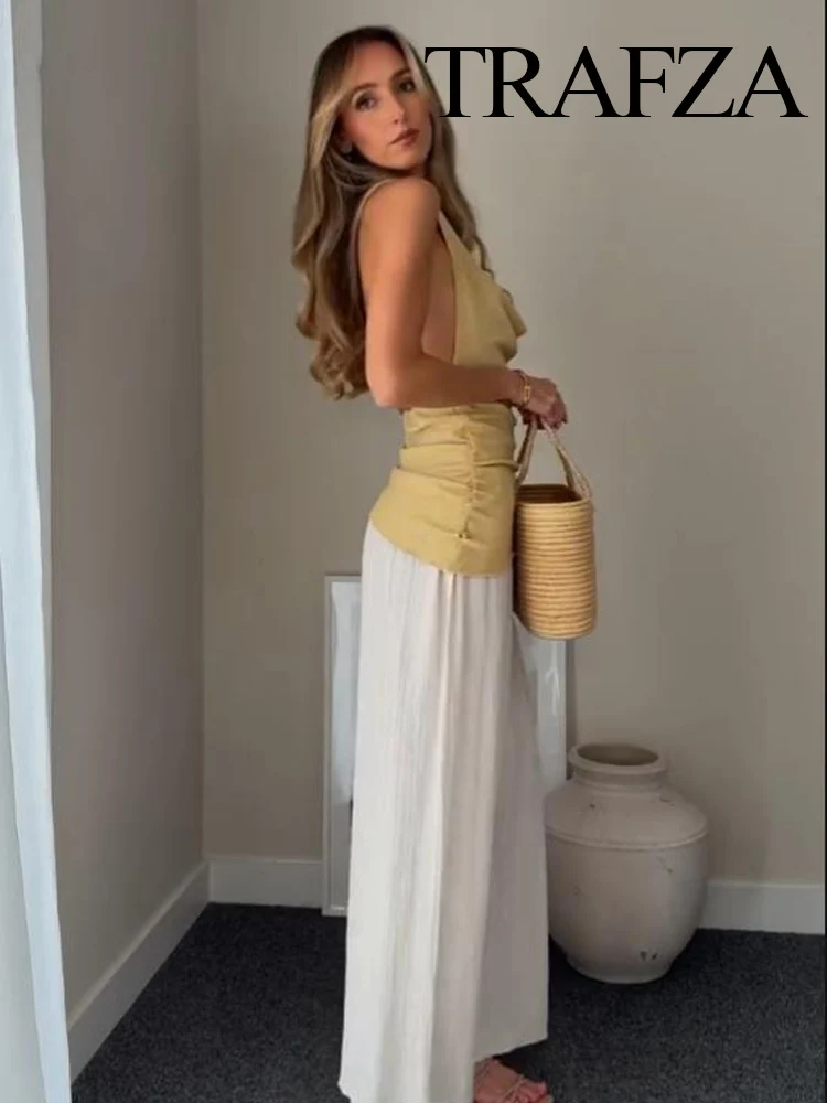 HH Women's Fashion Simple Spliced ​​Halter Neck Sleeveless Dress Female Elegant Slim Sexy Backless Party Pleated Long Dress