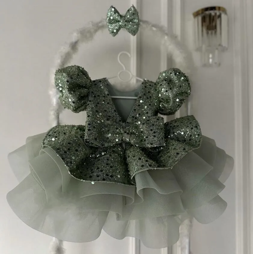 Vestidos de Organza escalonados verdes de manga corta para niñas, vestido de lentejuelas brillantes, vestidos de princesa de boda para niños, vestido de lujo