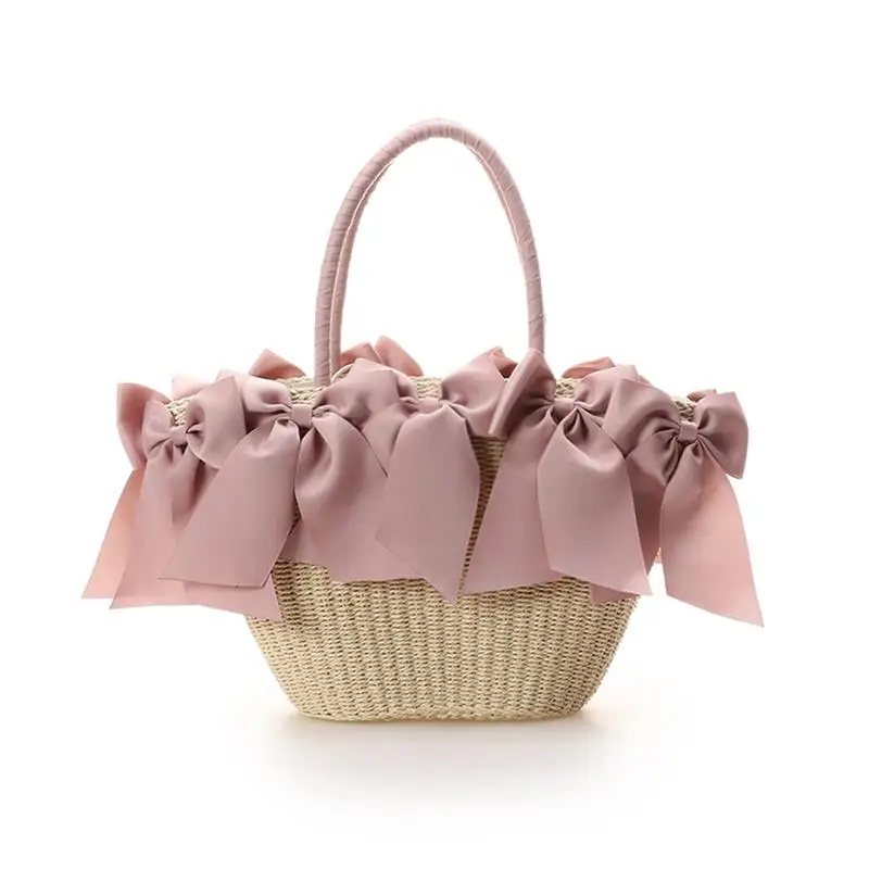 2024 French Fashion Bow Pleated Handbag For Women Trendy New Summer Seaside Vacation Large Capacity Bucket Grass Woven Women Bag