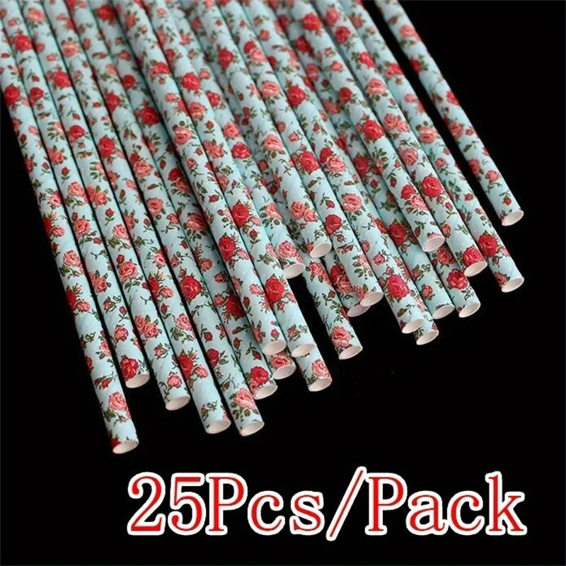 25/50/100pcs Pack Drinking Paper Straws Rose Flower 3 Color Option for Birthday Wedding Party Decoration Gift Craft DIY Favor