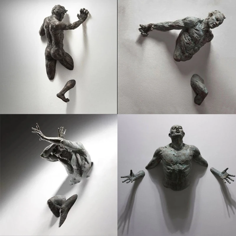 Decoración de pared de imitación de cobre, personaje abstracto, estatua de hombre de escalada en roca de resina, escultura de fondo, arte de pared 3D a través de la pared