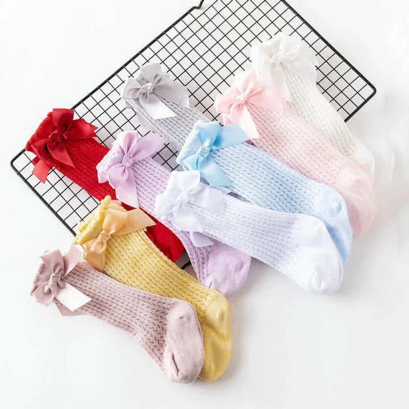 

Simmer Spring Mesh Thin Cotton Korean Bow White Stockings Baby Princess Knee High Long Socks with Lace Ruffles for Newborn Girls