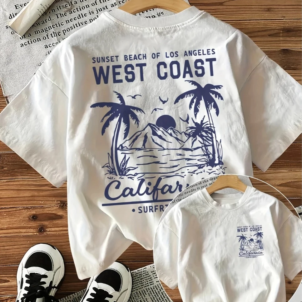 West Coast California Los Angeles Beach Graphic T‑Shirt Men Women Casual Loose Short Sleeve Tee Palm Sunset Print Unisex Tops