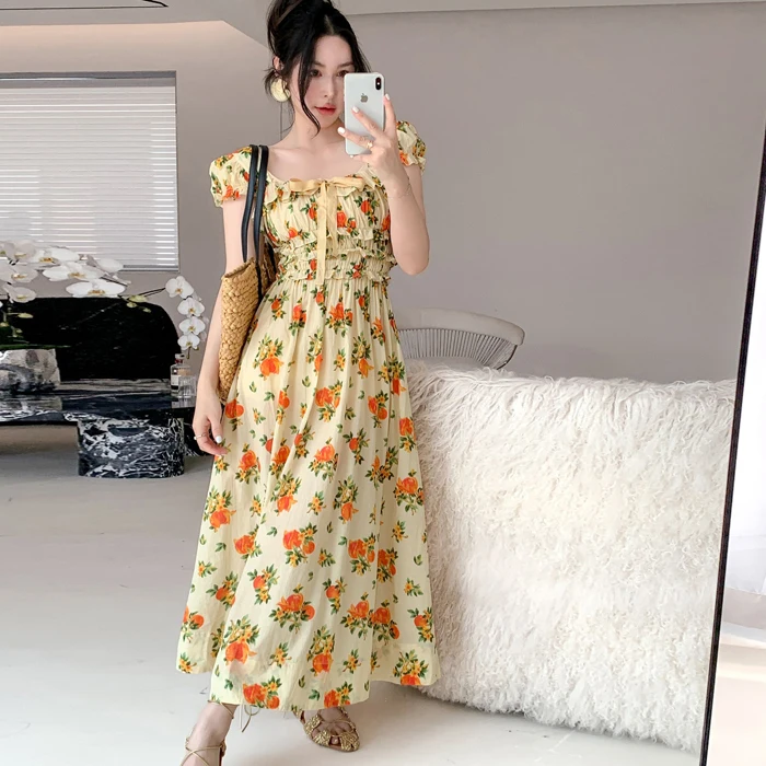 

Летняя серия Godd Соблазнительное олье с колючками Оранжевый милый плиссированный галстук Bubble Sve Long Dr Хлопок 00% Материал