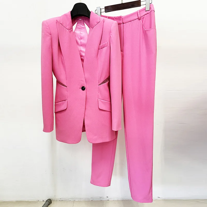 European Style Lady Sexy Hollow Out Suit Woman Solid V-neckline Long Sleeve Single Button Blazer Pencil Pants